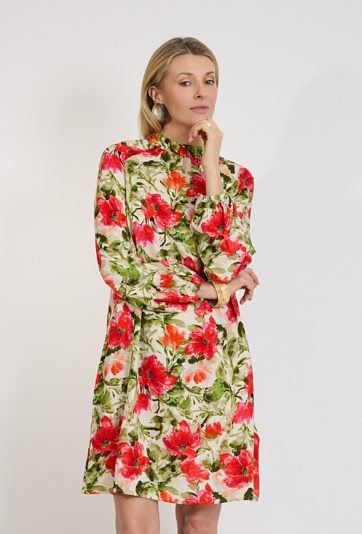 Sukienka damska w czerwone kwiaty z długim rękawem