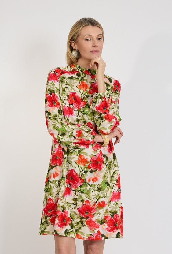 Sukienka damska w czerwone kwiaty z długim rękawem