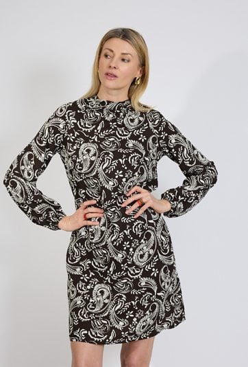 Sukienka brązowa paisley z długim rękawem