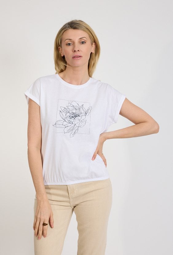 Biały t-shirt damski z nadrukiem kwiatowym