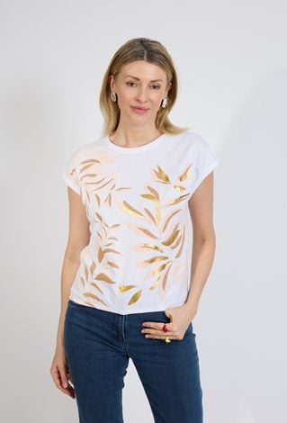 Biały t-shirt damski ze złotym nadrukiem | QUIOSQUE