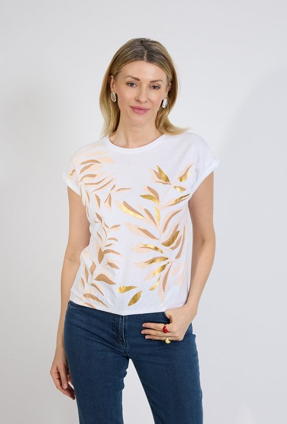 Biały t-shirt damski ze złotym nadrukiem | QUIOSQUE