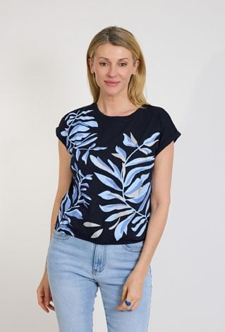 Granatowy t shirt damski z roślinnym nadrukiem