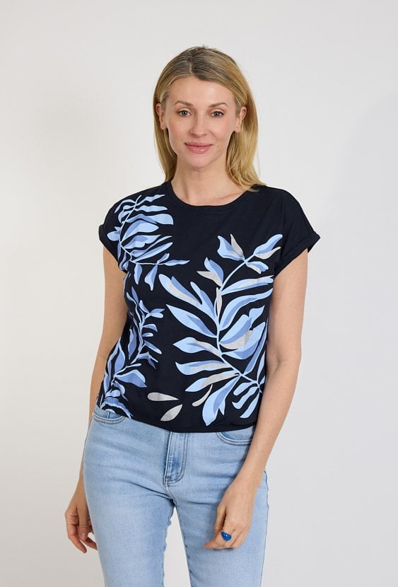 Granatowy t shirt damski z roślinnym nadrukiem