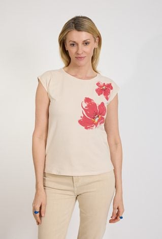 T-shirt damski beżowy z kwiatowym nadrukiem