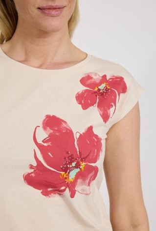 T-shirt damski beżowy z kwiatowym nadrukiem