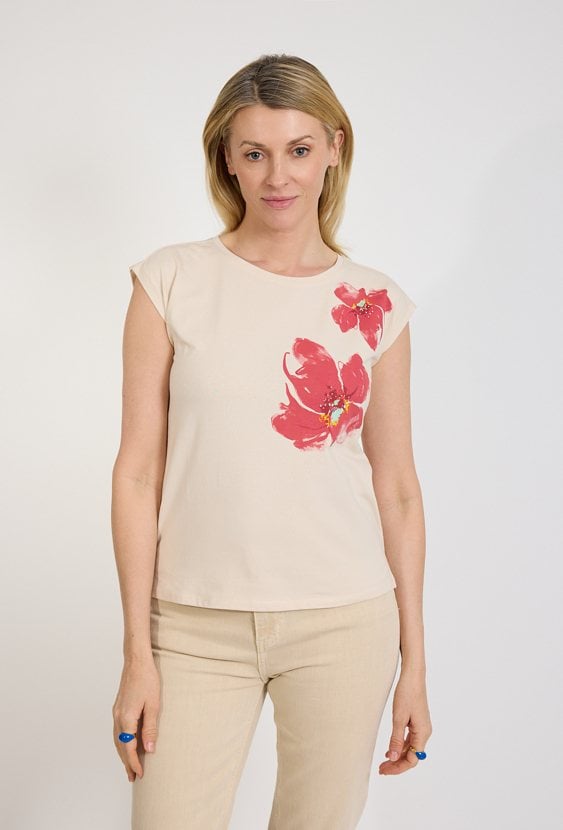 T-shirt damski beżowy z kwiatowym nadrukiem