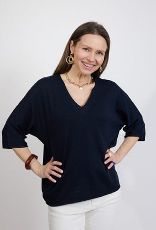 Granatowy sweter damski z dekoltem V