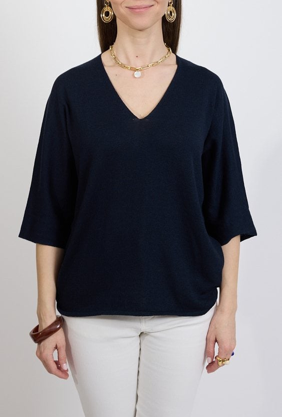 Granatowy sweter damski z dekoltem V